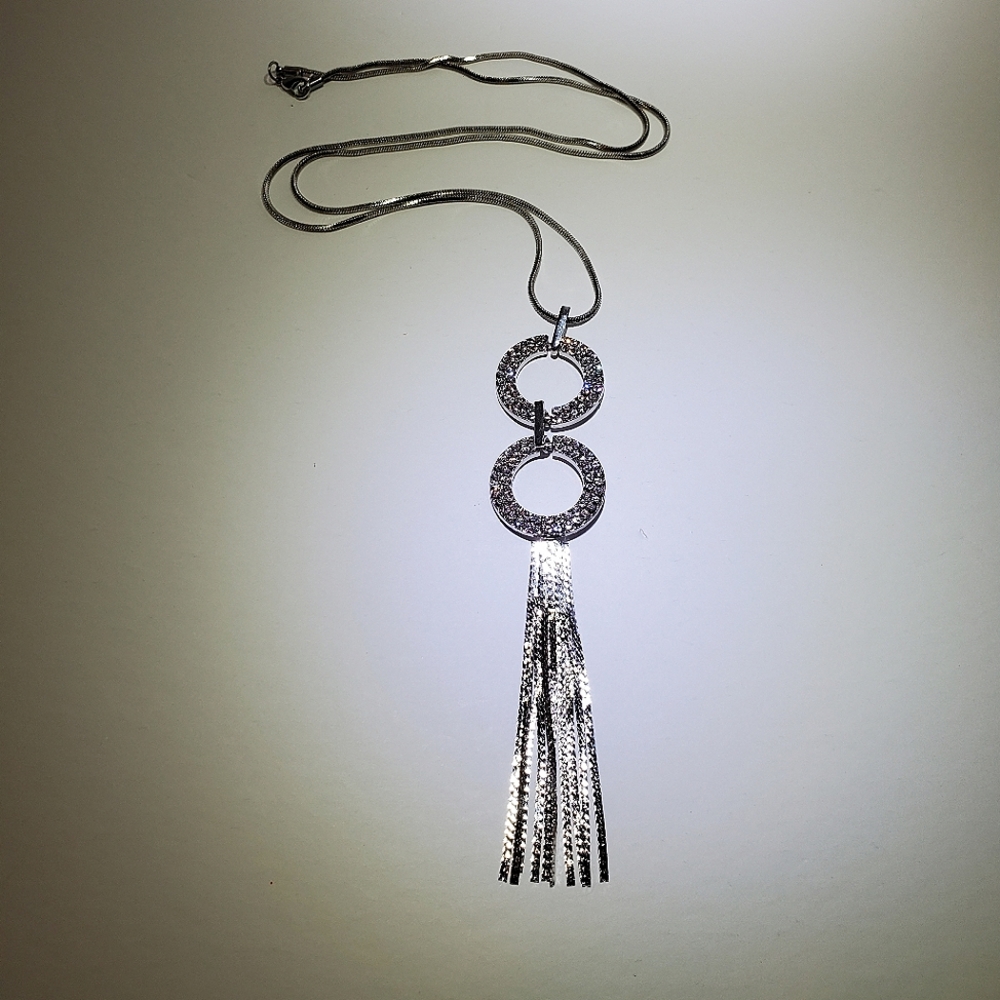 Silvertone Double Crystal Circle Pendant Tassel Necklace (NIB)